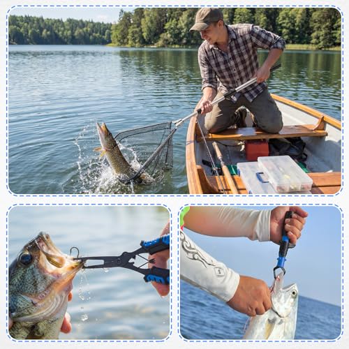 RoundFunny 3 Pcs Fishing Tool Kit, Fishing Landing Net with Telescoping Pole Handle, Fish Plier with Sheath, Fish Lip Gripper for Freshwater Extend to 30-56 Inches, Gear Gifts for Men Women