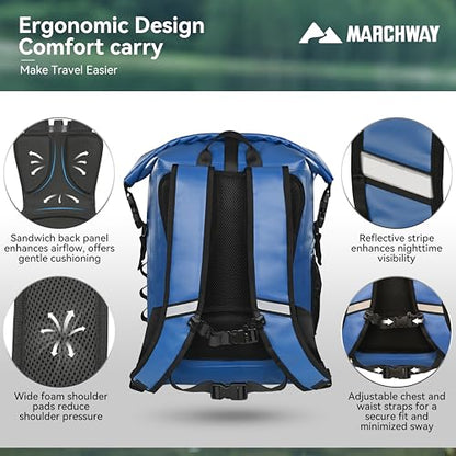 MARCHWAY Roll Top Waterproof Backpack, Floating Dry Bag 20L/30L/45L with Ergonomic Rectangular Base, Cushioned Back, Hip Strap for Hiking Camping Kayaking Travel (Blue, 30L) - color: Blue, size: 30L