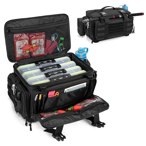 DSLEAF Waterproof Tackle Box Bag with Rod Holder, Soft Fishing Tackle Storage Bag with Non-Slip Base for Saltwater or Freshwater Fishing (Patent Design), Only Bag