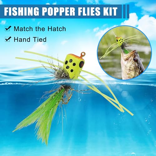 Fly Fishing Poppers Kit- 12pcs Fly Fishing Dry Flies Topwater Fishing Lures Bass Popper Flies Bugs Lures Panfish Bait Fly Trout Bobber Flies Kit for Bass Trout Crappie Panfish Bluegill Salmon