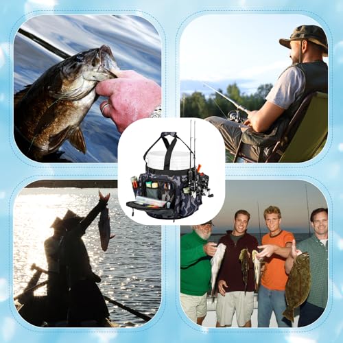 Soulchen Fishing Bucket Organizer with Cover, Ice Fishing Tackle Bag with Rod & Plier Holder, Multi-pockets for 5 Gallon Bucket Gear & Accessories, 34.2 x 11 Inch(Camouflage)