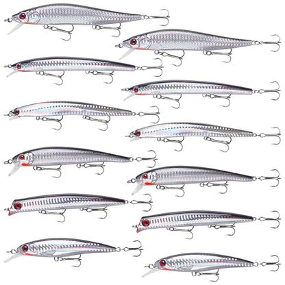 Saltwater Fishing Lures Kit, 6/12pcs Striped Bass Lures Surf Fishing Minnow Lures Deep Diving Jerkbait Popper Plugs Crankbait Fishing Tackle - color: 12PCS