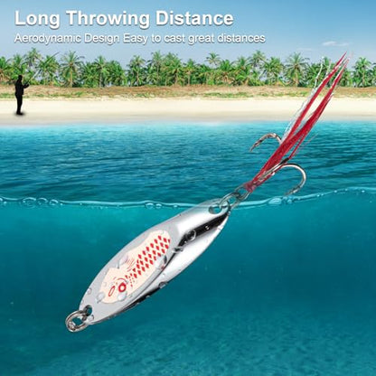 Goture Metal Spoon Trout Lures - Long Distance Casting for Trout, Bass, Crappie, Pike, Salmon - Saltwater & Freshwater - 1/4oz to 1-3/8oz Jigging Spoons - color: A:10pcs Fishing Spoons with Feather, size: 1 oz