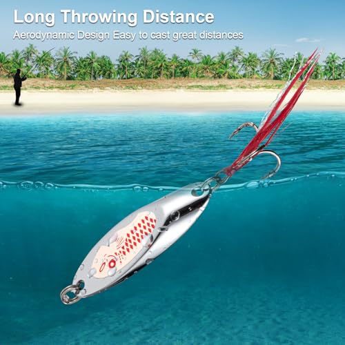 Goture Metal Spoon Trout Lures - Long Distance Casting for Trout, Bass, Crappie, Pike, Salmon - Saltwater & Freshwater - 1/4oz to 1-3/8oz Jigging Spoons - color: A:10pcs Fishing Spoons with Feather, size: 1/4 oz