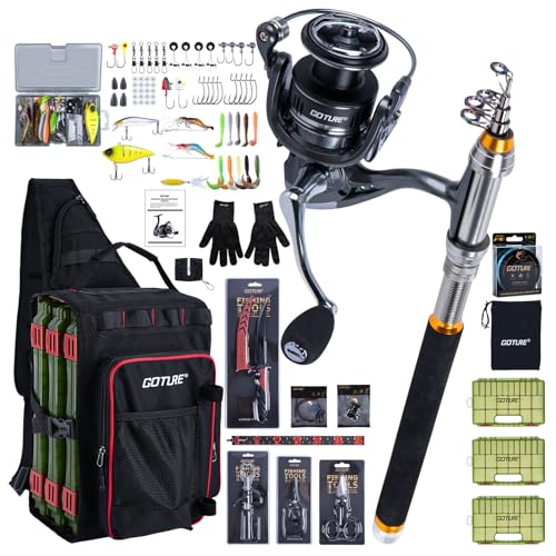 Goture Fishing Kits for Adult,Fishing Pole and Reel Combo, OpenSide Fishing Sling Tackle Storage Bag with 3 Tackle Boxes,Gift for Men - color: Black 12L bag + 3600 trays, size: 8FT/2.4M