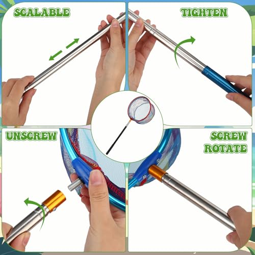 2 Pack Telescopic Kids Fishing Net with Handle, 2 Collapsible Bucket Sand Pail, Stainless Steel Foldable Fishing Net Small Fishing Butterfly Bug Net Beach Shovel with Storage Bag - color: Blue Red Yellow Green