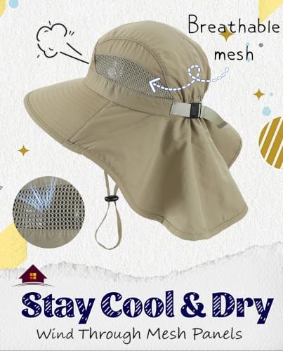 Home Prefer UPF50 Wide Brim Kids Sun Hat Neck Flap Boys Girls Sun Protection Hat for Beach Fishing - color: Khaki, size: 2-4T