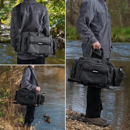 Goture Fishing Tackle Bag,Store Up to 4PCS 3700 Tackle Boxes(Not Included),600D Soft Side Water-Resistant Saltwater Gear Storage Fishing Bag with Rod Straps,Detachable Water Bottle Pouch,SBS Zippers - color: A3:Black(Without Trays-17.72"x11.81"x9.45"), si