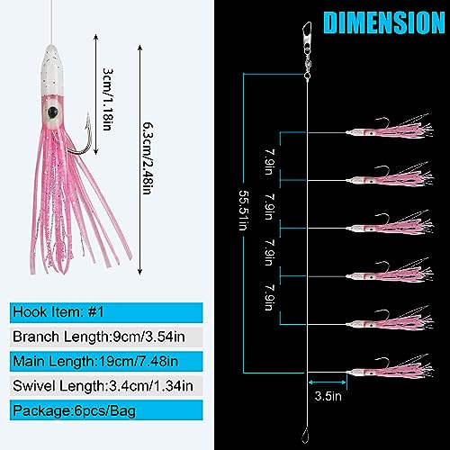 Fishing Bait Rigs Saltwater Set, 6 Packs Squid Bait Lure Rigs Surf Fishing Rigs with Glow Soft Squid Skirt Hook Swivel Snap for Freshwater Saltwater
