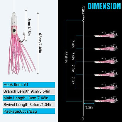 Fishing Bait Rigs Saltwater Set, 6 Packs Squid Bait Lure Rigs Surf Fishing Rigs with Glow Soft Squid Skirt Hook Swivel Snap for Freshwater Saltwater
