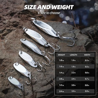 Jigging Spoon Fishing Lure Set 6-Pack Metal Saltwater & Freshwater Casting Spoon Hooks Premium Durable Treble Hooks for Bass, Salmon & Trout Fishing - size: 1/6 oz