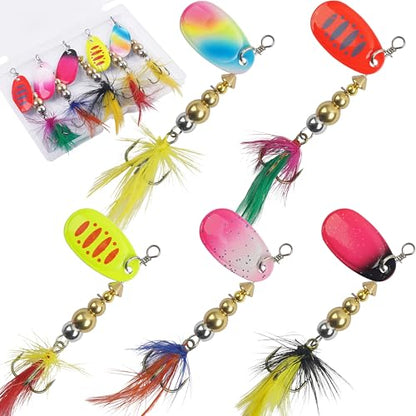 Spinner Baits Bass Lures Rooster Feather Tail Fishing Lures Trout Lures Hard Metal Inline Spinnerbaits for Bass Trout Pike Walleye Salmon with Tackle Box - style: D-5pcs-2.5"-0.24oz