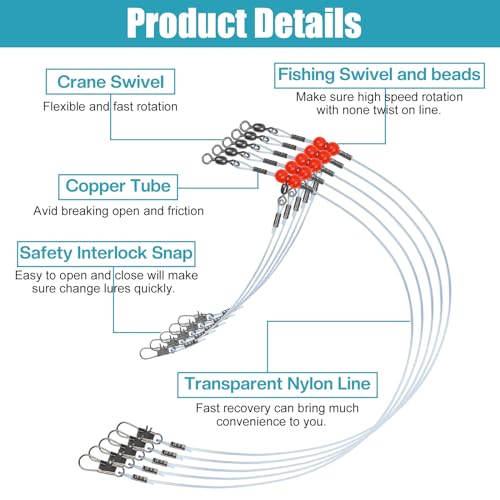 Fishing Leaders Saltwater Tackle Surf Fishing Rigs High Strength Fishing Wire Leader Line Rig with Swivels Snap for Lures Bait Hooks - color: Blue Nylon, style: 1 Arm, 12pcs