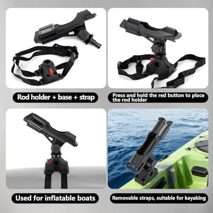 Fishing Rod Holder for Kayak and Boat, 360 Degree Adjustable with Protective Strap, for Inflatable Boats Canoes Kayaks Using Adjustable Straps or Pre-drilled Holes, Fishing Accessories