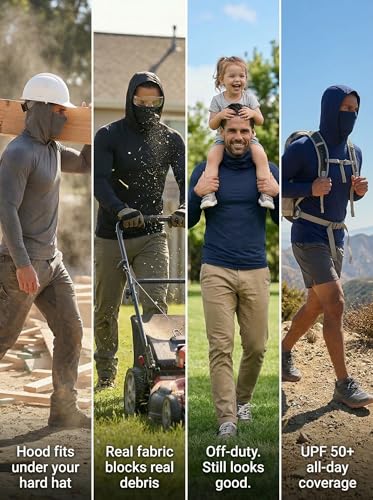 3 Pack Mens Sun Protection Fishing Hoodie with Face Mask UPF 50+ Long Sleeve Compression Work Shirt Quick Dry - color: Compression-3pack--black+blue+grey, size: Medium