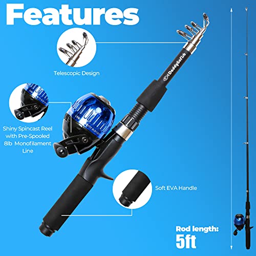 DaddyGoFish Kids Fishing Pole - Rod Reel Combo Tackle Box Starter Set - First Year Small Dock Gear Kit for Boys Girls Toddler Youth Age Beginner Little Children Junior Anglers Older Kids - color: Blue
