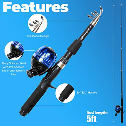 DaddyGoFish Kids Fishing Pole - Rod Reel Combo Tackle Box Starter Set - First Year Small Dock Gear Kit for Boys Girls Toddler Youth Age Beginner Little Children Junior Anglers Older Kids - color: 2 Pack- Blue + Blue