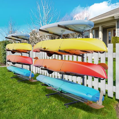 Bonnlo Kayak Storage Rack, Adjustable Heavy Duty Kayak Rack for Kayaks Paddle Boards, Kayak Paddle Holder for Garage, Spacesaver, Gentle on Padding, Boat Organizer - style: 4 Kayaks, Free Standing