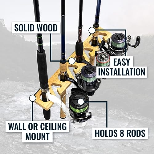 StoreYourBoard Stillwater Fishing Pole Holders for Garage, Wall and Ceiling Storage Rack for Fishing Rods, Solid Wood Garage Organizer Holds 8 Rods or Combos up to 40 lbs