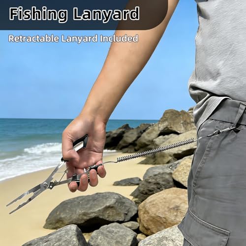 Professional 8.4“ Fishing Plier with Safety Lock and Anti Loss Rope | Multi-function long nose hook remover, line cutter, crimper; rustproof stainless steel for saltwater & freshwater fishing