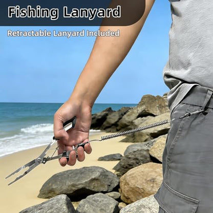 Professional 8.4“ Fishing Plier with Safety Lock and Anti Loss Rope | Multi-function long nose hook remover, line cutter, crimper; rustproof stainless steel for saltwater & freshwater fishing