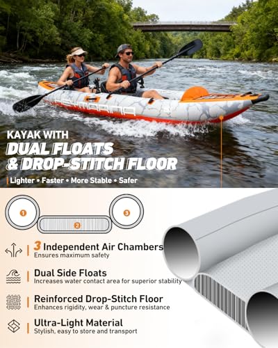 2 Person Inflatable Kayak Tandem Fishing Kayak for Adults, Portable Touring Kayak Canoe with Dual Floats, Drop-Stitch Floor and Fish Measuring Ruler, 12.5 FT - style: Rod Holder Included