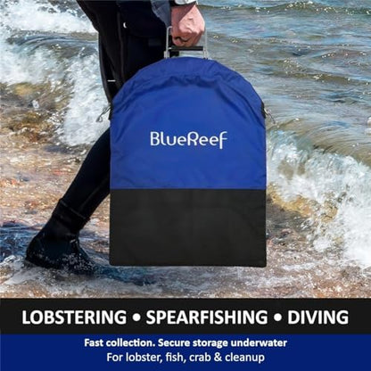 Blue Reef Lobster Catch Bag 30" x 24" – One-Hand Squeeze Open & Auto-Close, Extra Large Spearfishing & Diving Net Bag, Durable Nylon Mesh with Stainless Steel Frame for Lobster, Crab & Fish Catching