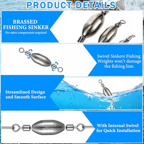 Seenelling 48 Pcs Trolling Sinkers with Swivels Brass Fishing Sinker Different Sizes Egg Sinkers Fishing Weights Saltwater Bullet Sinker with Swivel Rolling Removable Freshwater - size: 5 Sizes