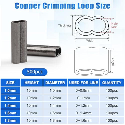 OROOTL Fishing Crimp Sleeves Kit, 500PCS Double Barrel Fishing Line Crimps Sleeves Brass Copper Crimping Loop Tubes Connector Wire Leader Rigging Tackle for Saltwater Freshwater