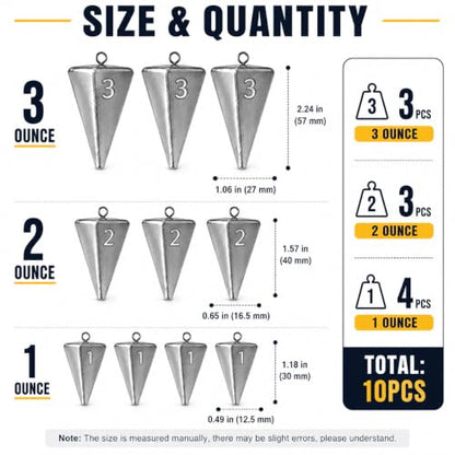 Pyramid Fishing Sinkers for Saltwater Surf Fishing, Lead Casting Weights for Beach Pier Ocean Bottom Rigs, 1oz, 2oz, 3oz Assorted Fishing Tackle - size: 1oz、2oz、3oz-10Pcs
