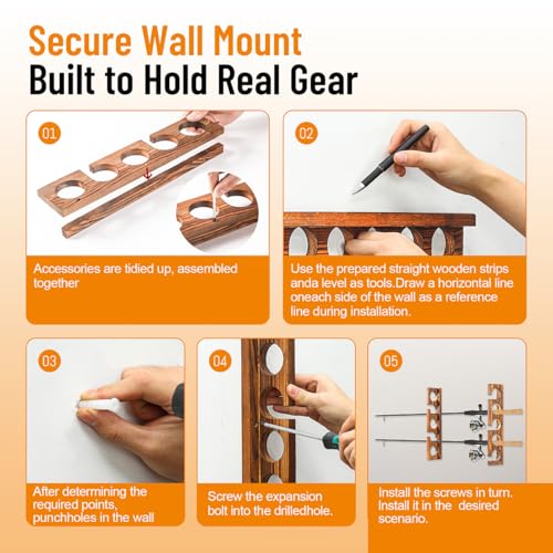 PEKER Fishing Rod Holder for Wall, Solid Wood Wall Mount Fishing Rod Rack for 5 Poles, Secure Rod Storage Organizer for Garage, Fishing Room, Home – No Tangling & Space Saving