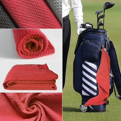 Livious 3 Pack Golf Towels,16" x 16" Portable Microfiber Fabric Waffle Pattern Golf Towel for Golf Bag with Carabiner Clip - color: Black/Gray/Red