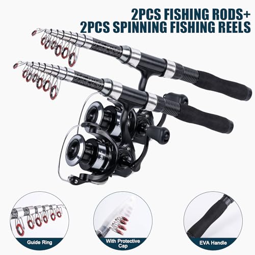 Goture Fishing Rod and Reel Combos-2PCS 2.5M Telescopic Fishing Pole+2PCS Spinning Reels with Carrier Bag, Telescopic Rod Reel Lures Kit for Starter Travel Saltwater Freshwater
