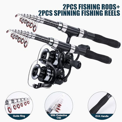 Goture Fishing Rod and Reel Combos-2PCS 2.5M Telescopic Fishing Pole+2PCS Spinning Reels with Carrier Bag, Telescopic Rod Reel Lures Kit for Starter Travel Saltwater Freshwater