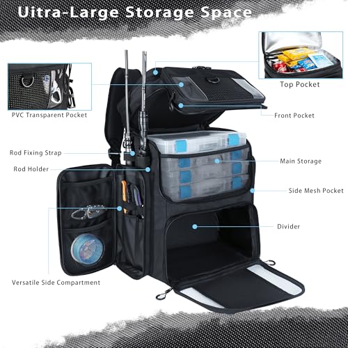 Fishing Backpack with 4 Tackle Boxes, 55L Large Tackle Box Backpack with 4 Rod Holders, Waterproof 900D Tackle Backpacks with Cooler & Clear Gear Windows, Fishing Gifts for Men Women, Black - color: Black (with 4Boxes)