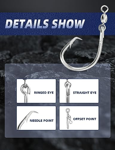 BLUEWING Offset Circle Hook with Swivel Stainless Steel 5pcs/10pcs Extra Sharp for Freshwater Saltwater Big Game Fishing - style: Size 05: 12/0, 5pcs