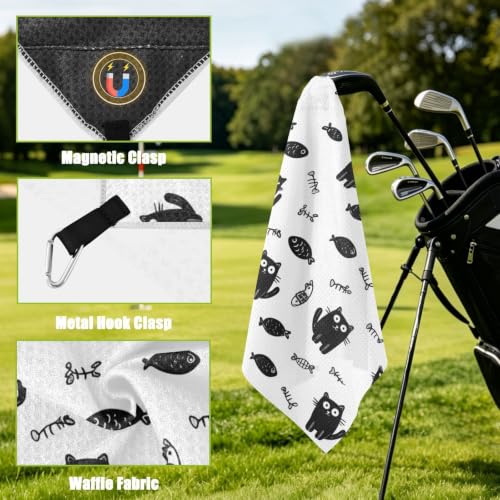 Cartoon Cat Fish White Print Magnetic Golf Towel for Golf Bags Microfiber Golf Essentials for Women Men with Carabiner Clip Attaches to Clubs and Carts, 17.7"x17.7"
