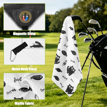 Cartoon Cat Fish White Print Magnetic Golf Towel for Golf Bags Microfiber Golf Essentials for Women Men with Carabiner Clip Attaches to Clubs and Carts, 17.7"x17.7"