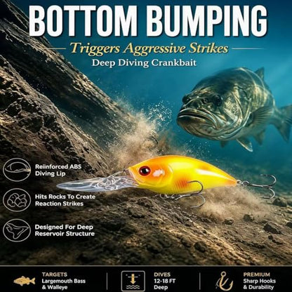 Deep Diving Crankbait Fishing Lure | 12-15ft Bottom Bumping | 0.72oz 4.9in Hard Bait for Bass & Walleye - color: color1