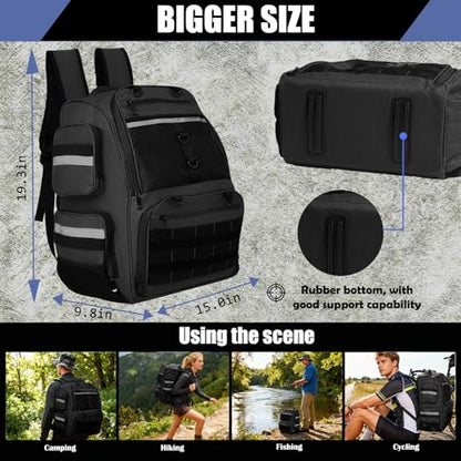 45L Fishing Tackle Backpack with Rod Holders, Waterproof Large Fishing Back Pack Storage Bags & Wraps Gear And Equipment for Men for Camping Hiking, Bottle Holder - color: Black