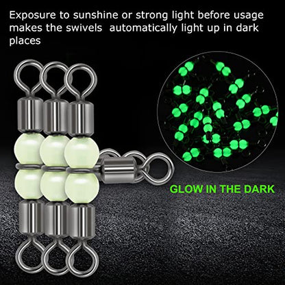 Goture Fishing Swivels, 3 Way Swivels Fishing Tackle, T Shape Cross Line Rolling Swivels with Luminous Beads Saltwater Freshwater,Three Way Fishing Swivels Barrel Swivels for Catfish Rig Surf Rig - color: C:30pcs 3 Way Fishing Swivels-Luminous, size: 7*8