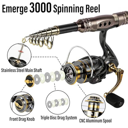 Dr.Fish Fishing Rod and Reel Combos 125-Pieces Telescopic Spinning Pole Reel Gear Equipment Set with Tackle Bag for Adult Collapsible Travel Complete Fishing Set Men Starter Freshwater Saltwater - color: 7ft Rod, 3000 Reel, Camo Bag+Full Kit