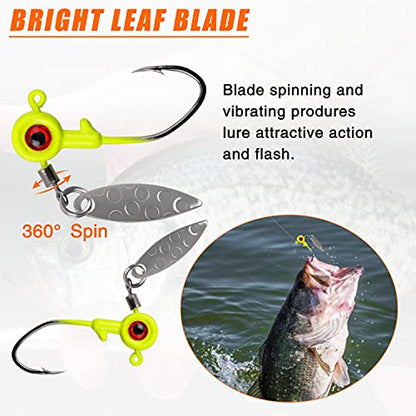 Crappie Jig Heads Fishing Lures Kit, 15pcs Underspin Jig Heads with Spinner Blade Crappie Lures Eye Ball Head Painted Fishing Jigs for Bass, Trout, Panfish, Sunfish - color: Chartreuse, size: 1.75g(1/16oz)-15pcs