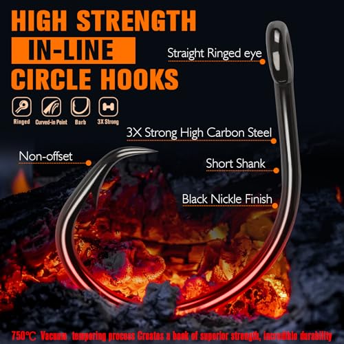 Dovesun Circle Hooks Saltwater 20-25pcs, 3X Strong Circle Fishing Hooks for Catfish in-line Catfish Hook for Striper, Mackerel, Bass, Tuna 3/0 4/0 5/0 6/0 7/0 8/0 9/0 10/0 12/0 - size: 4/0-25pcs