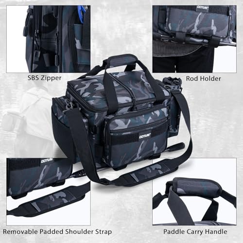 Goture Fishing Tackle Bag,Store Up to 4PCS 3700 Tackle Boxes(Not Included),600D Soft Side Water-Resistant Saltwater Gear Storage Fishing Bag with Rod Straps,Detachable Water Bottle Pouch,SBS Zippers - color: A3:Camo(Without Trays-17.72"x11.81"x9.45"), siz