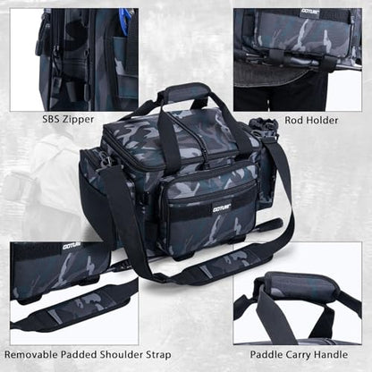 Goture Fishing Tackle Bag,Store Up to 4PCS 3700 Tackle Boxes(Not Included),600D Soft Side Water-Resistant Saltwater Gear Storage Fishing Bag with Rod Straps,Detachable Water Bottle Pouch,SBS Zippers - color: A3:Camo(Without Trays-17.72"x11.81"x9.45"), siz