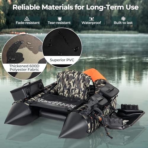GYMAX Fishing Float Tube, Inflatable Belly Boat with Fish Finder Holder, Rod Rack, Fish Ruler, Manual Pump & Detachable Storage Boxes, Portable Backpack Float Tubes for Adults - color: Camouflage