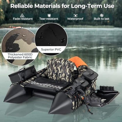 GYMAX Fishing Float Tube, Inflatable Belly Boat with Fish Finder Holder, Rod Rack, Fish Ruler, Manual Pump & Detachable Storage Boxes, Portable Backpack Float Tubes for Adults - color: Camouflage
