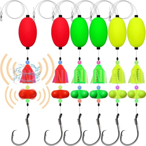 Dovesun Pre-Tied Catfish Rig System, 23 Inch 55LB Santee Cooper Catfish Float Rig with Adjustable EVA Slip Float and High Carbon Circle Hooks 5/0 6/0 8/0, Ready-to-Fish for River and Bank Fishing - color: Oval Float-Propeller Rattle-6/0 Hook * 6PCS