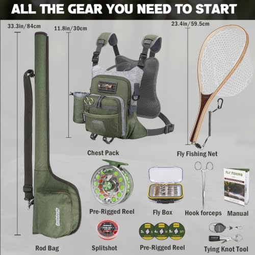 QualyQualy Fly Fishing Combo Starter Kit, 9Ft Fly Rod 4-Piece Graphite Rod with Bag, Accessories, Die Cast Aluminum Pre-Loaded Reel, Chest Pack, Fly Fishng Net & Flies - color: A-5/6-Green Reel (Pack &Net)